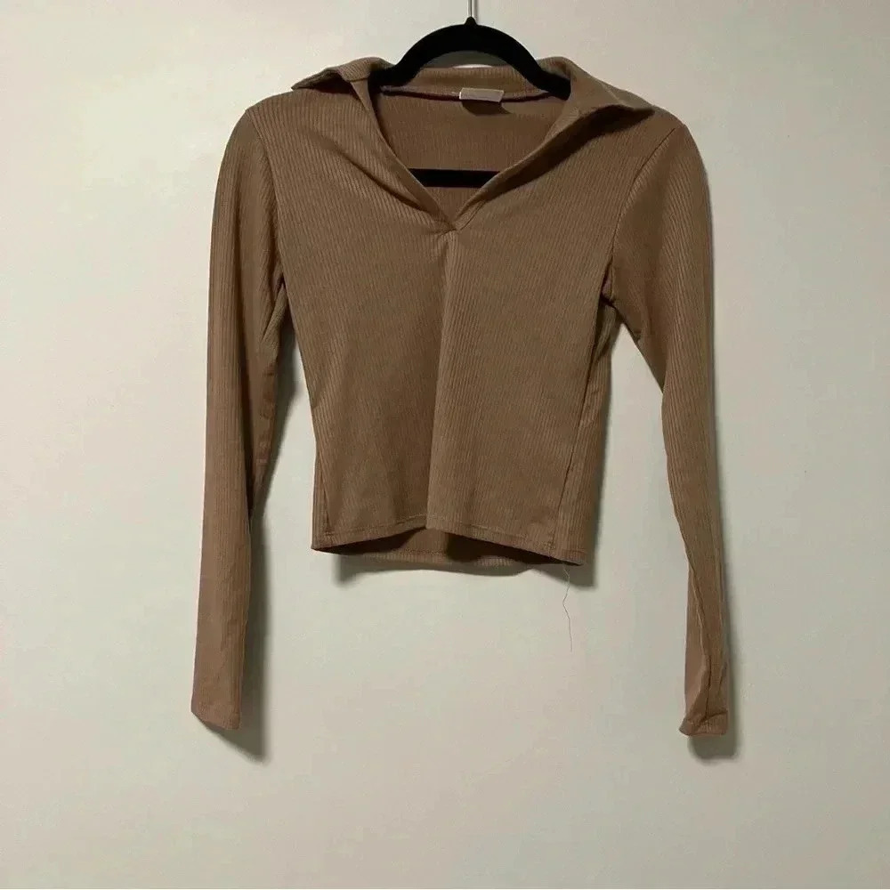Livi Olivia Rae tan ribbed polo crop long sleeve tee